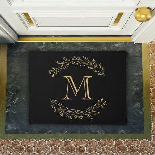 Paillasson Élégant Black Gold Wreath Famille Monogramme initi