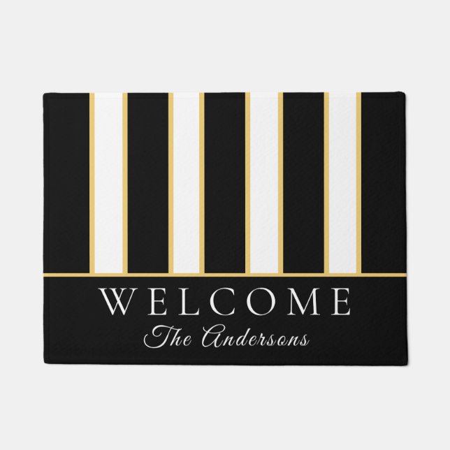 Paillasson Elégant Black White Gold Stripe Bienvenue (Devant)