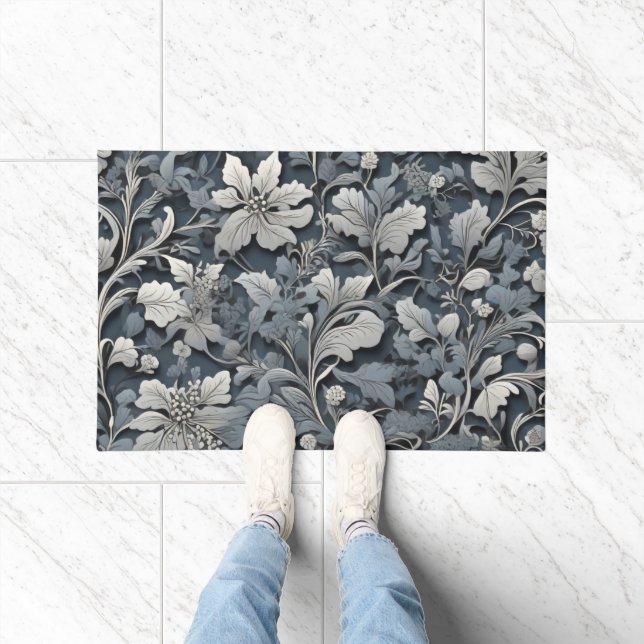Paillasson Elégant bleu poussiéreux argent blanc gris gris fl (Intérieur)