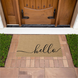 Paillasson Élégant Bonjour Bienvenue Word Art Sur Faux Burlap
