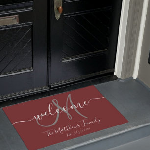 Paillasson Elegant Burgundy Grey Monogram Script Name Wedding