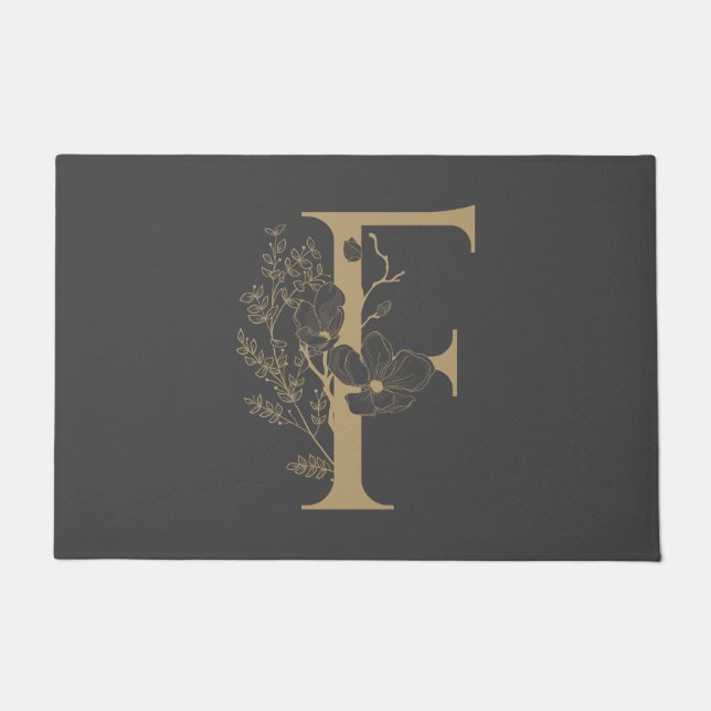 Paillasson Élégant F Boho Floral Monogramme initial Gris Or (Devant)