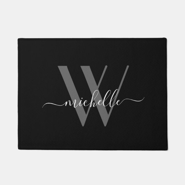 Paillasson Élégant gris noir Monogramme Nom Script initial (Devant)