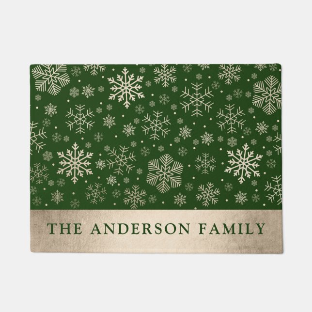 Paillasson Élégant Moderne Gold & Green Snowflakes Noël (Devant)