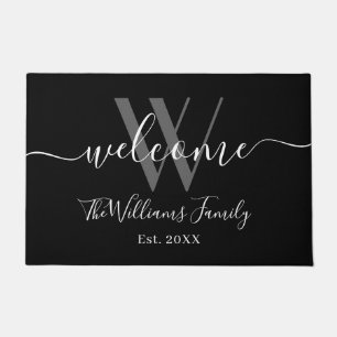 Paillasson Élégant Monogram Black Grey Nom Mariage de script