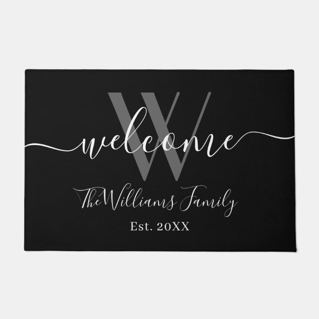 Paillasson Élégant Monogram Black Grey Nom Mariage de script (Devant)