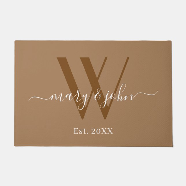 Paillasson Élégant Monogram Khaki Noms Script Mariage (Devant)
