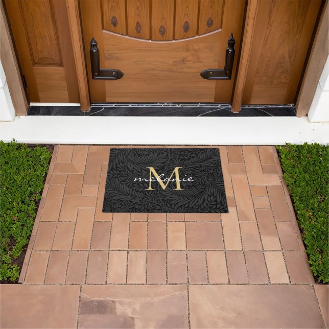 Paillasson Élégant Monogramme d'or floral noir (De plein air)
