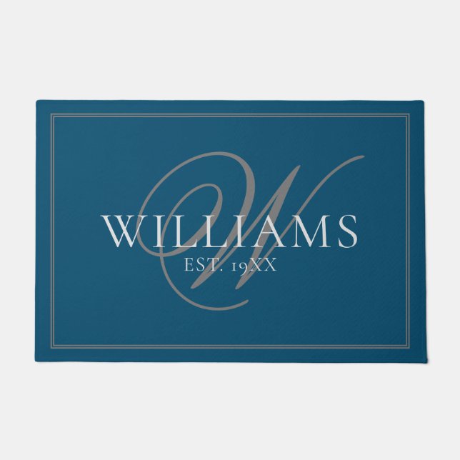 Paillasson Élégant Monogramme gris bleu Nom Mariage nouvellem (Devant)