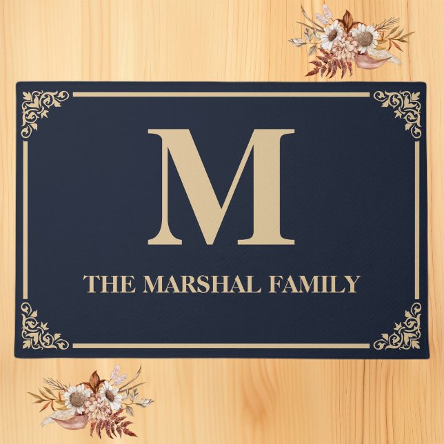 Paillasson Élégant Monogramme moderne Nom de famille | Marine (Créateur téléchargé)
