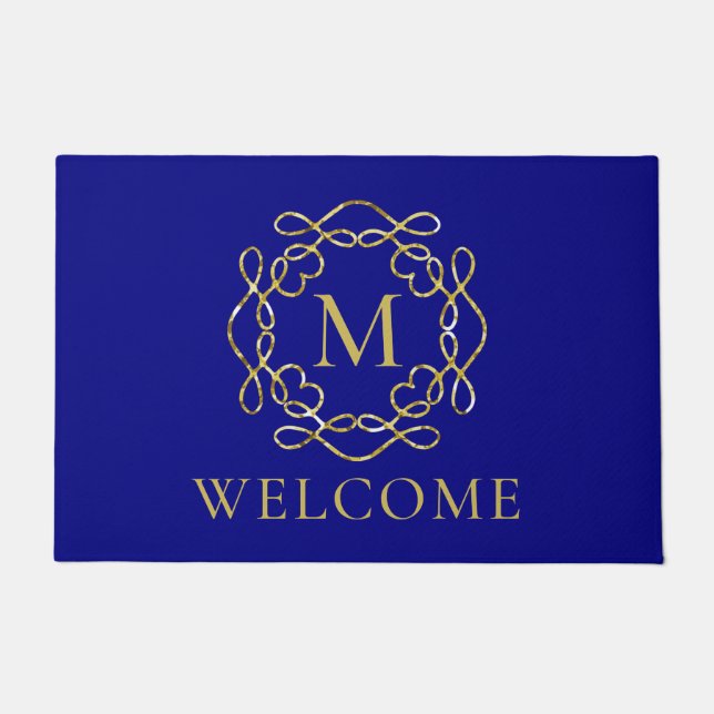 Paillasson Élégant Monogramme or Marine Blue Welcome Doormat (Devant)
