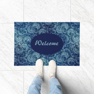 Paillasson Elégant motif de Damas Vintage bleu