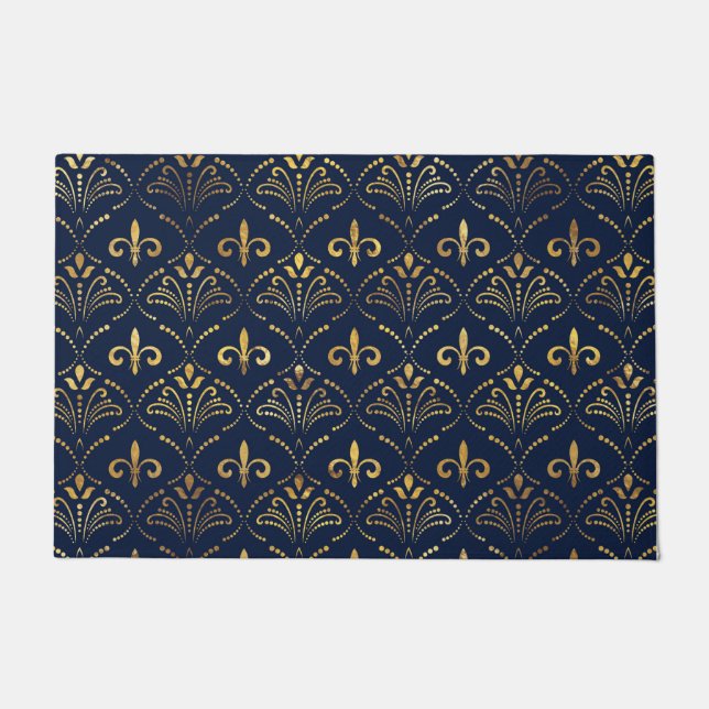 Paillasson Élégant motif Fleur de lis - Or et bleu profond (Devant)