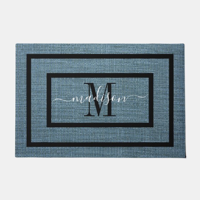 Paillasson Élégant noir et blanc nom monogramme porte mat (Devant)