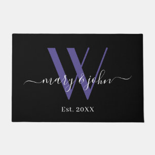 Paillasson Élégant noir violet nom de monogramme Mariage de s