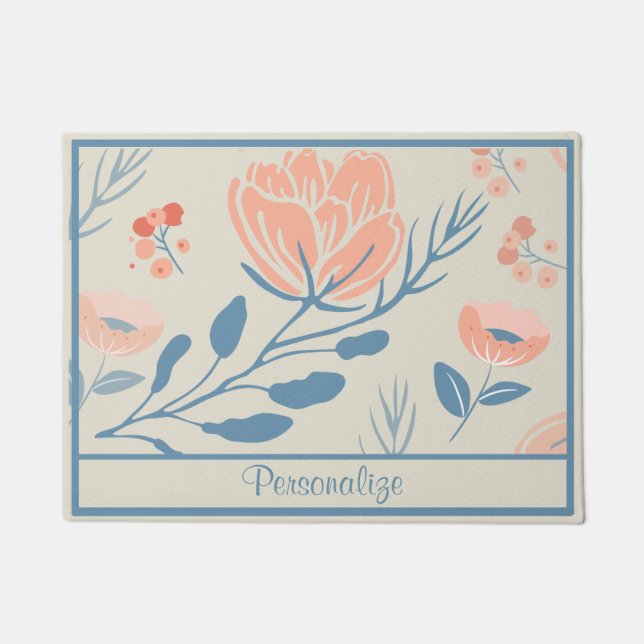 Paillasson Élégant Peach Rose Rose Rose Bleu Pierre Floral (Devant)