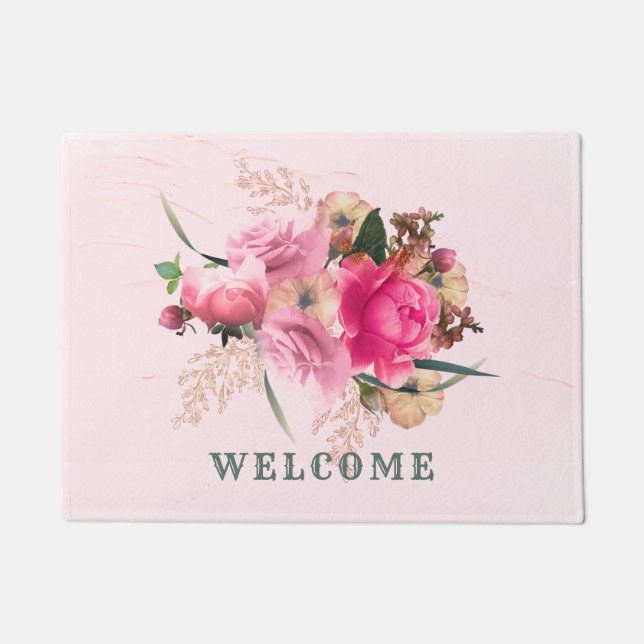 Paillasson Elégant rose Rose Floral or Bouquet Bienvenue (Devant)