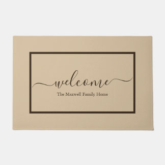 Paillasson Élégant script beige brun nom de famille bienvenue