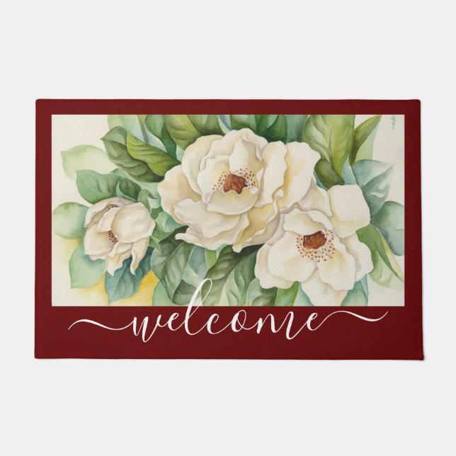 Paillasson Élégant script de bienvenue floral de la Magnolia  (Devant)