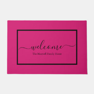 Paillasson Élégant script rose noir nom de famille bienvenue