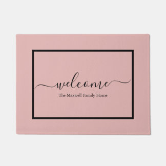 Paillasson Elégant script rose vif nom de famille bienvenue  