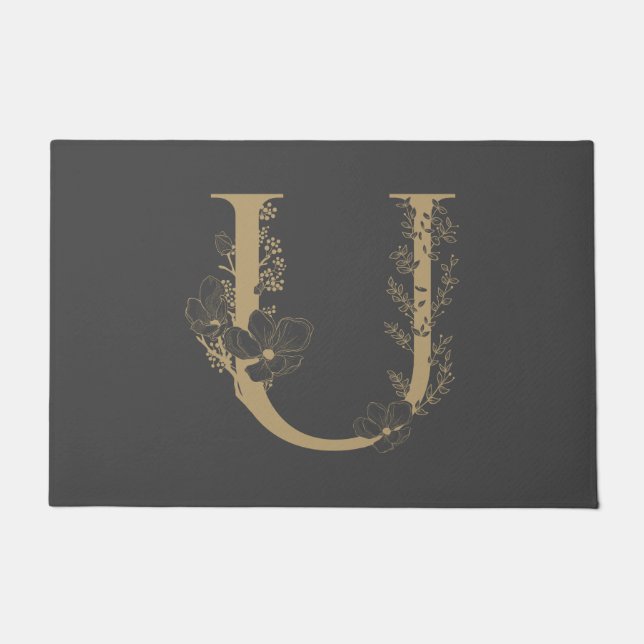 Paillasson Élégant U Boho Floral Monogramme initial Gris Or (Devant)
