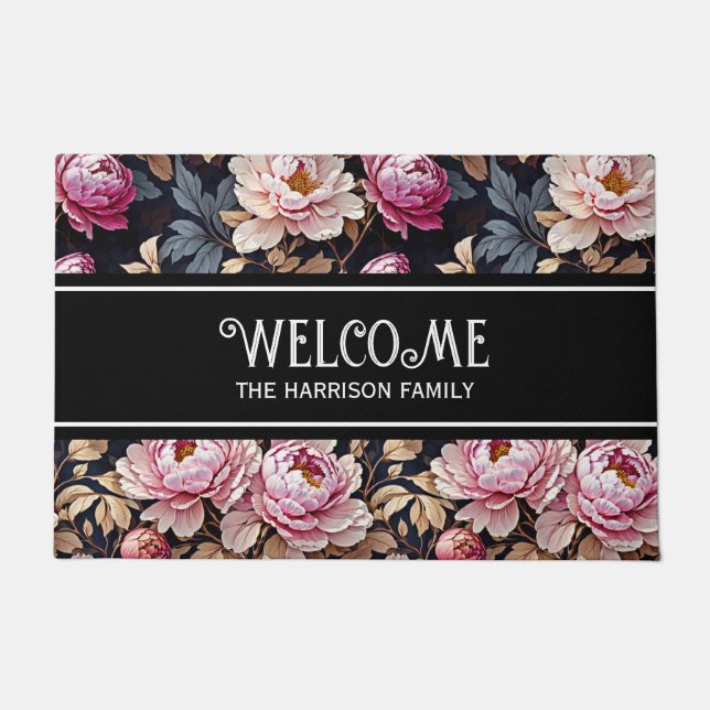 Paillasson Élégant Welcome Blush Pink Peony Floral (Devant)