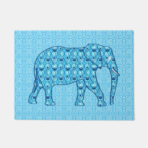 Paillasson Éléphant de fleurs de Lotus, Turquoise et Blanc