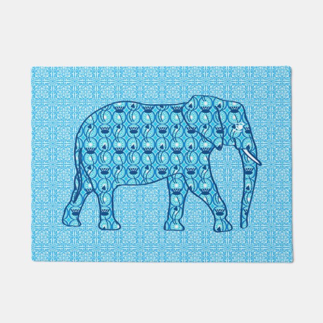 Paillasson Éléphant de fleurs de Lotus, Turquoise et Blanc (Devant)