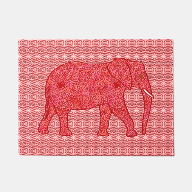 Paillasson Eléphant de fleurs, rouge profond et corail (Devant)