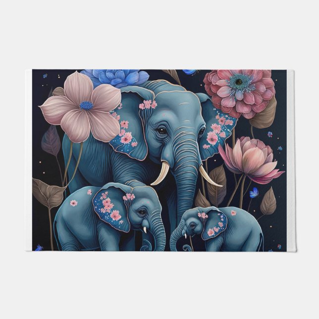 Paillasson Eléphants bleus avec design de fleurs roses (Devant)