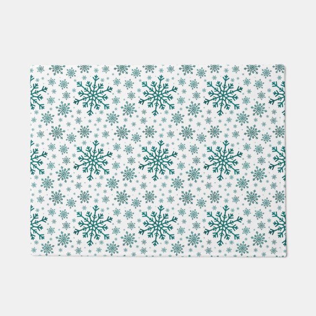 Paillasson Émeraude Vert Noël Snowflakes sur Blanc d'hiver (Devant)