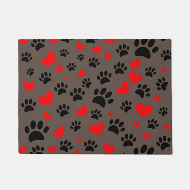 Paillasson Empreintes de pattes De Chien Random Et Coeurs Rou (Devant)