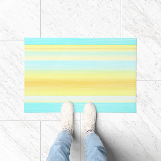 Paillasson Eté Soleil Jaune Aqua Bleu Aquarelle Rayures (Intérieur)