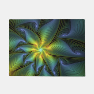 Paillasson Etoile Abstraite, Bleu brillant Vert Or Fractal Ar