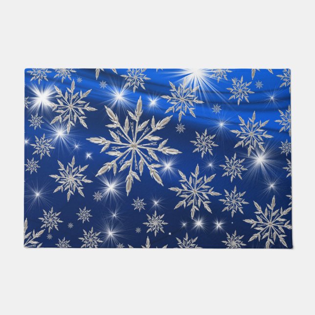 Paillasson étoiles de Noël bleues avec cristal de glace blanc (Devant)