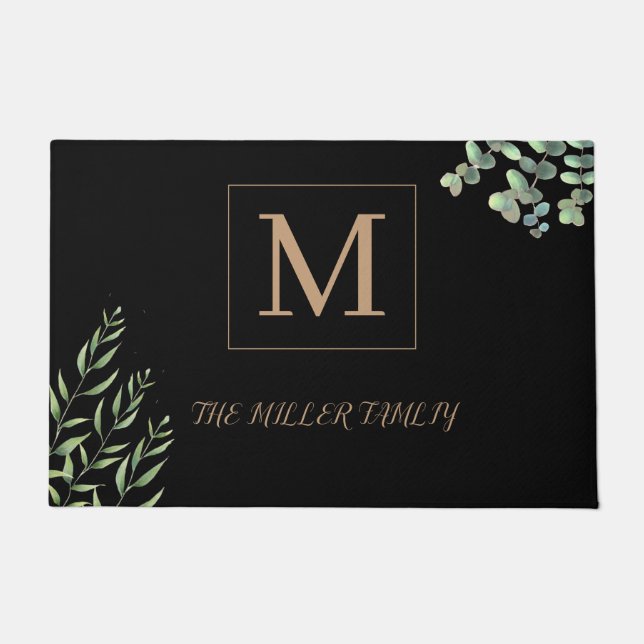 Paillasson Eucalyptus personnalisées Monogramme noir Floral (Devant)