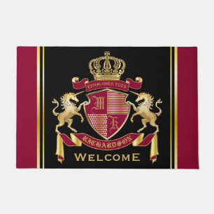 Paillasson Faites votre propre blason Red Gold Unicorn Emblem