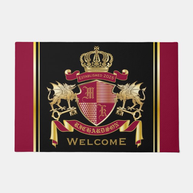 Paillasson Faites votre propre blason Rouge Gold Dragon Emble (Devant)