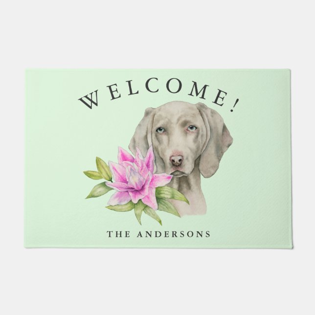 Paillasson Famille bienvenue florale de chien de Weimaraner (Devant)
