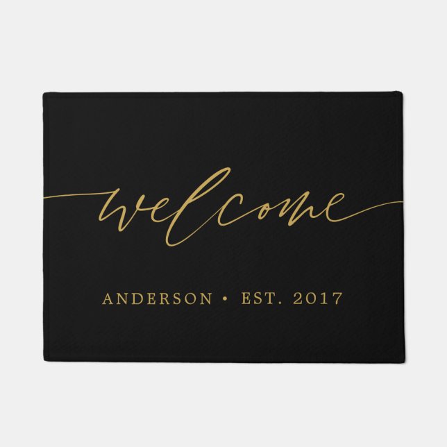 Paillasson Famille de calligraphie de bienvenue noir et or (Devant)