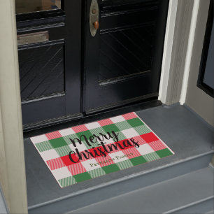 Paillasson Famille Noël Blanc Vert et Rouge Buffalo Plaid