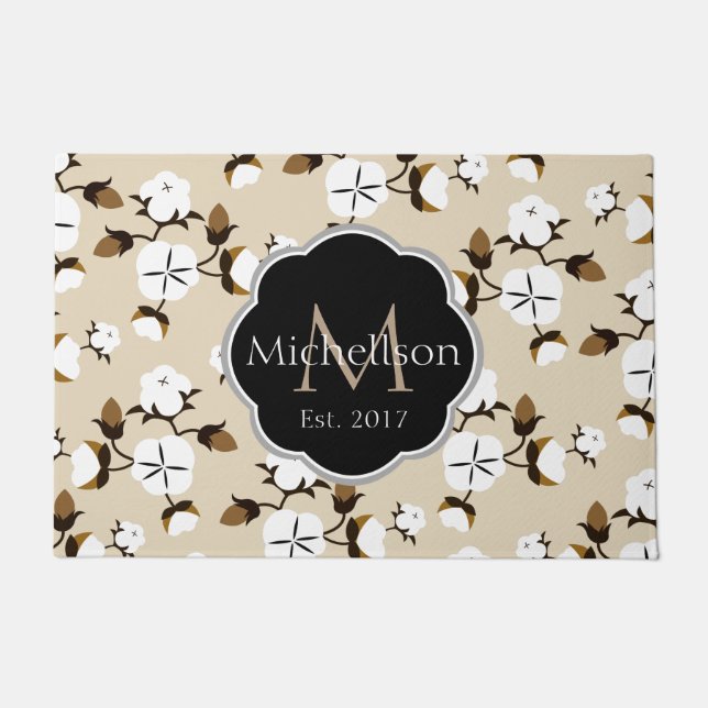 Paillasson Farmhouse Rustic Cotton Flowers & Nom de famille (Devant)
