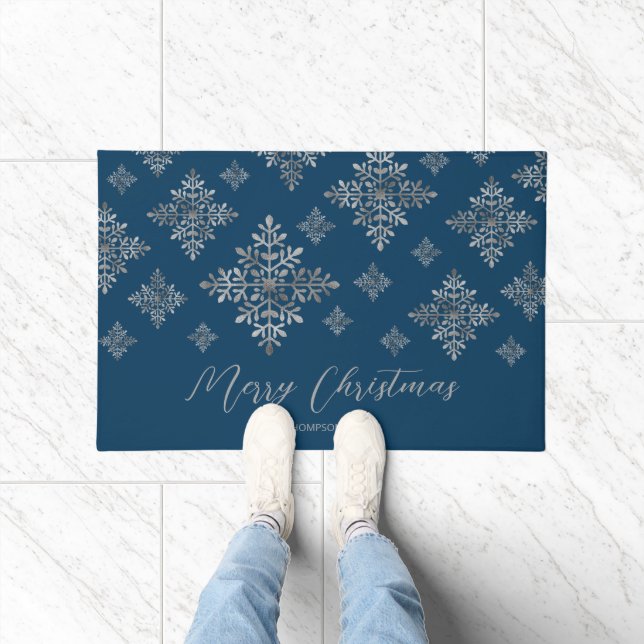 Paillasson Faux Gris Foil Faux Flakes À Neige Sur Bleu (Pas V (Intérieur)