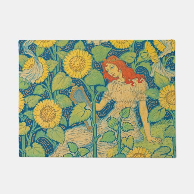 Paillasson Femme-fille de fleurs dans le jardin de tournesol (Devant)