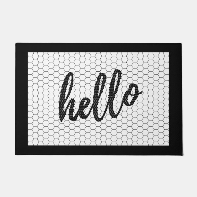Paillasson Ferme Hello Script noir et blanc Faux Tile (Devant)