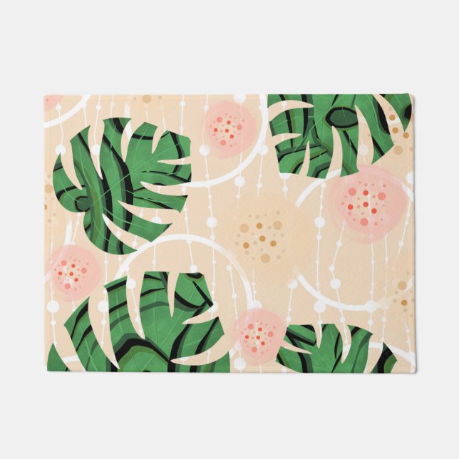 Paillasson Feuilles Monstera sur rose. (Devant)