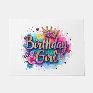 Paillasson Fille d'anniversaire florale arc-en-ciel