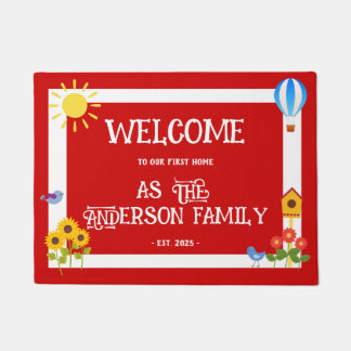 Paillasson First Home Welcome Typography Sunflower Red White