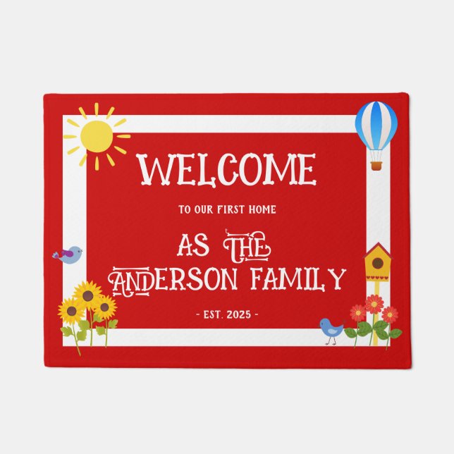Paillasson First Home Welcome Typography Sunflower Red White (Devant)
